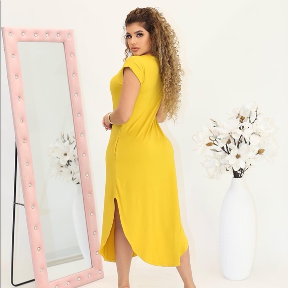 V-NECK TUNIC PLUS SIZE MAXI DRESS Mustard color - Picture 6 of 6